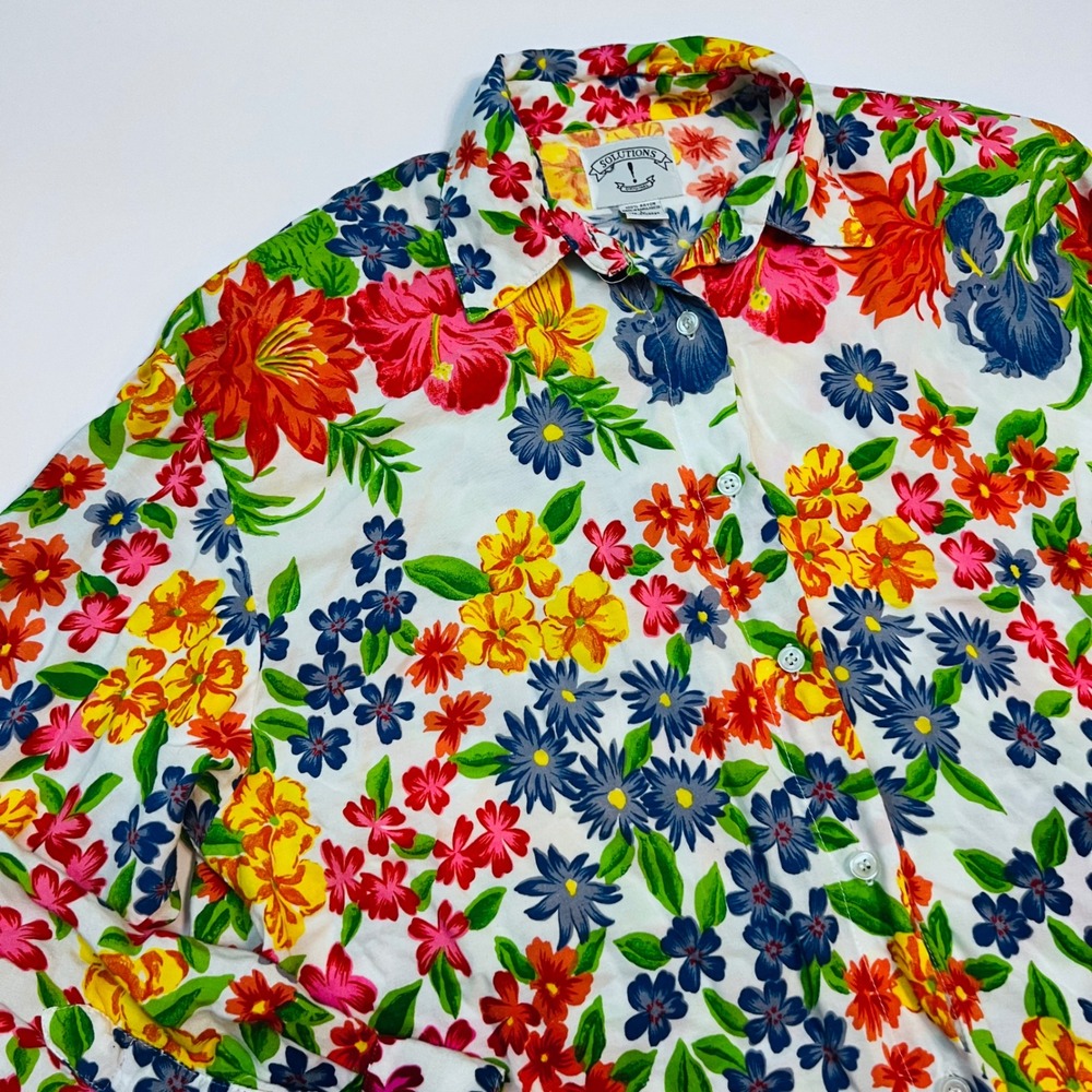Solutions Original L White Button Down Floral‎ Shirt Rayon Shoulder Pads
